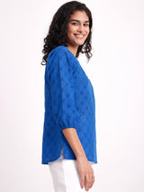 Cotton Schiffli Embroidered Top - Blue