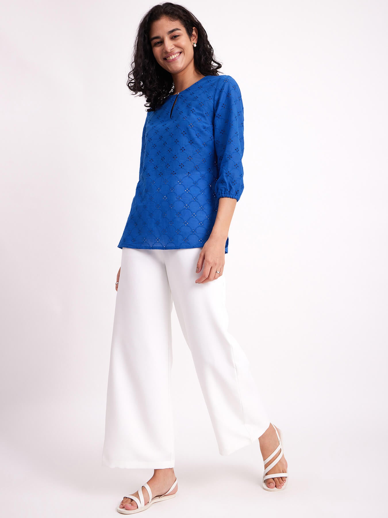 Cotton Schiffli Embroidered Top - Blue