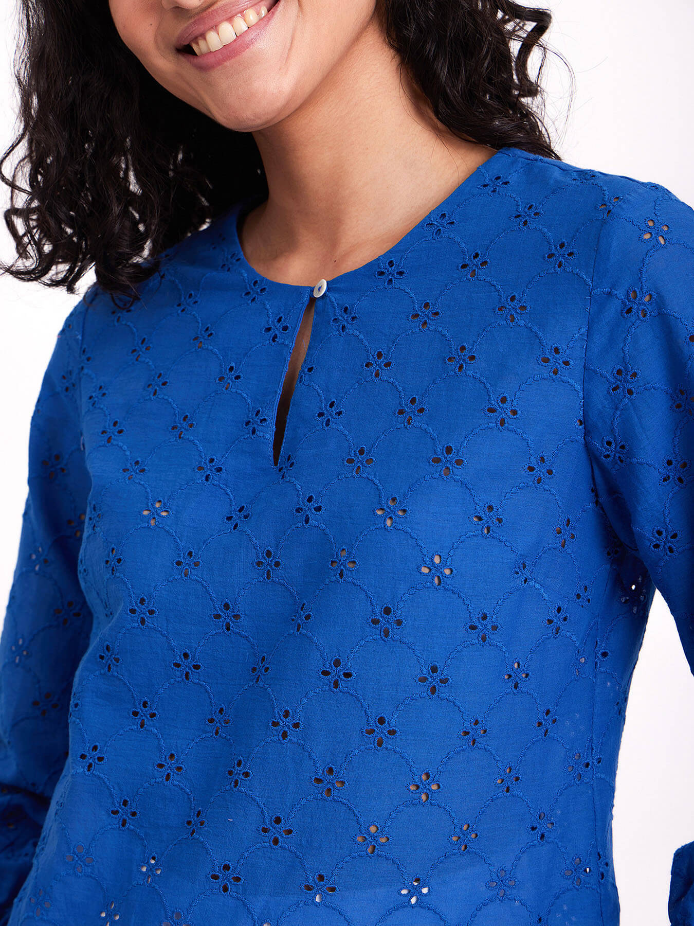 Cotton Schiffli Embroidered Top - Blue