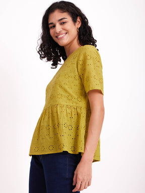 Cotton Schiffli A-Line Top - Lime