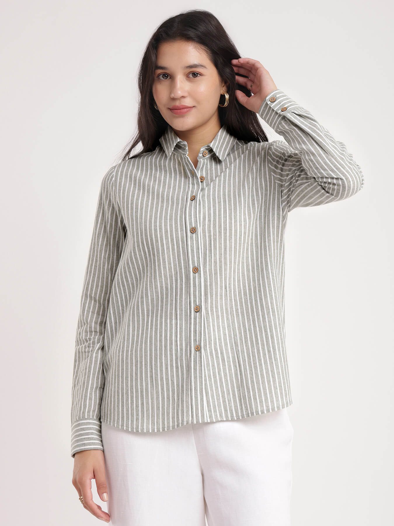 Cotton Linen Striped Shirt - Olive