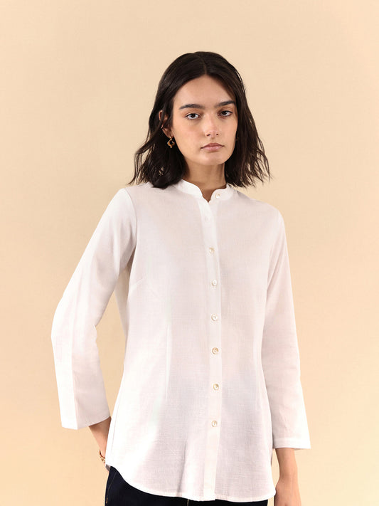 Cotton Mandarin Collar Shirt - White