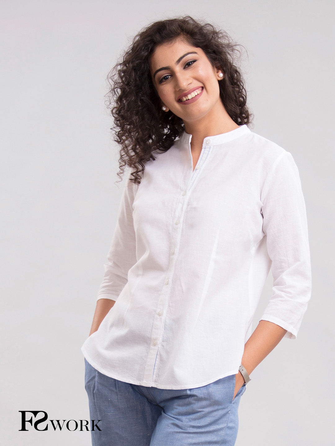 Cotton Mandarin Collar Shirt - White