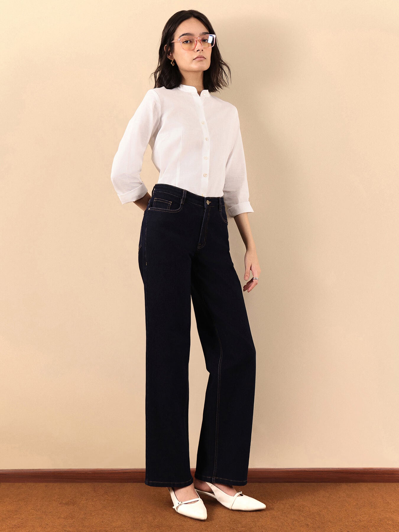 Cotton Mandarin Collar Shirt - White