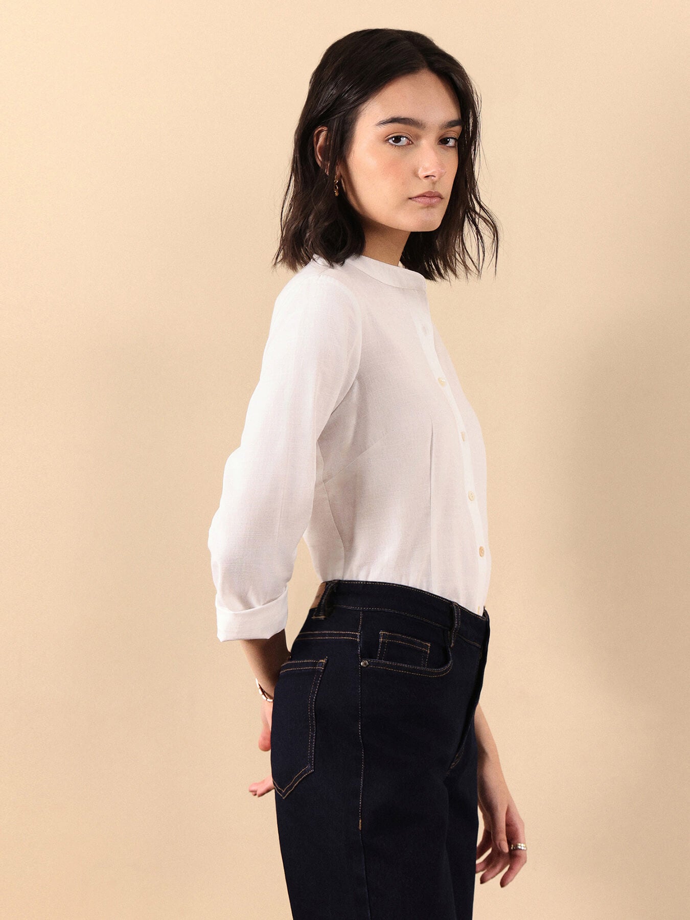 Cotton Mandarin Collar Shirt - White