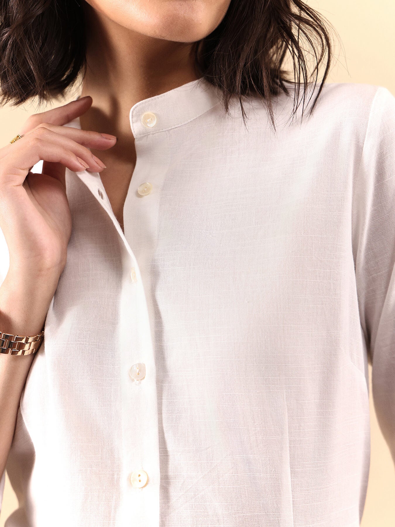 Cotton Mandarin Collar Shirt - White
