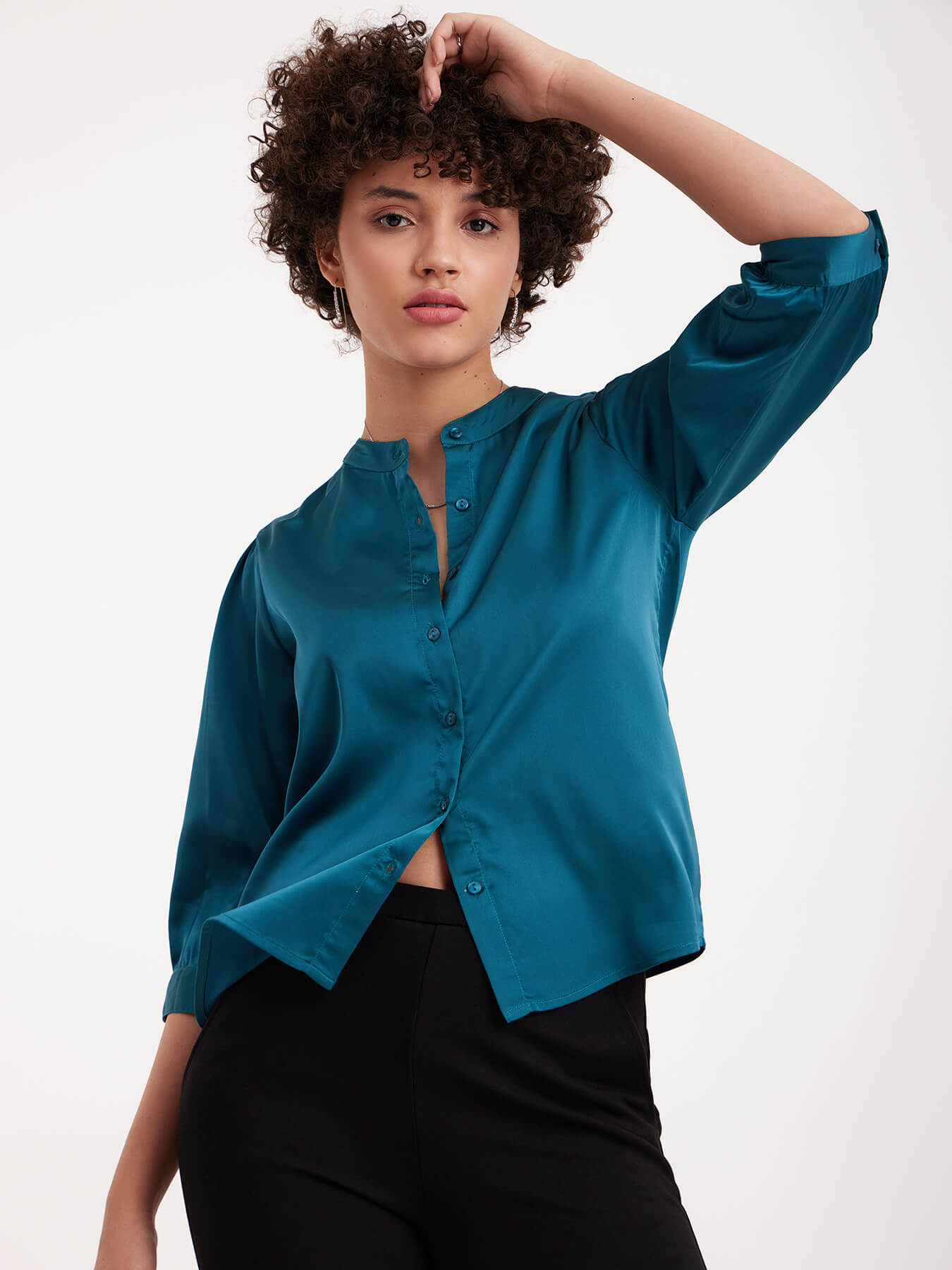 Satin Mandarin Collar Shirt - Emerald Green