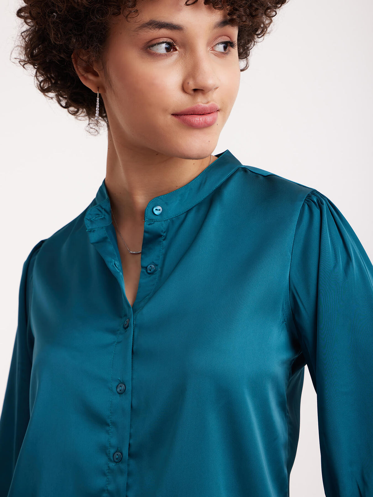 Satin Mandarin Collar Shirt - Emerald Green