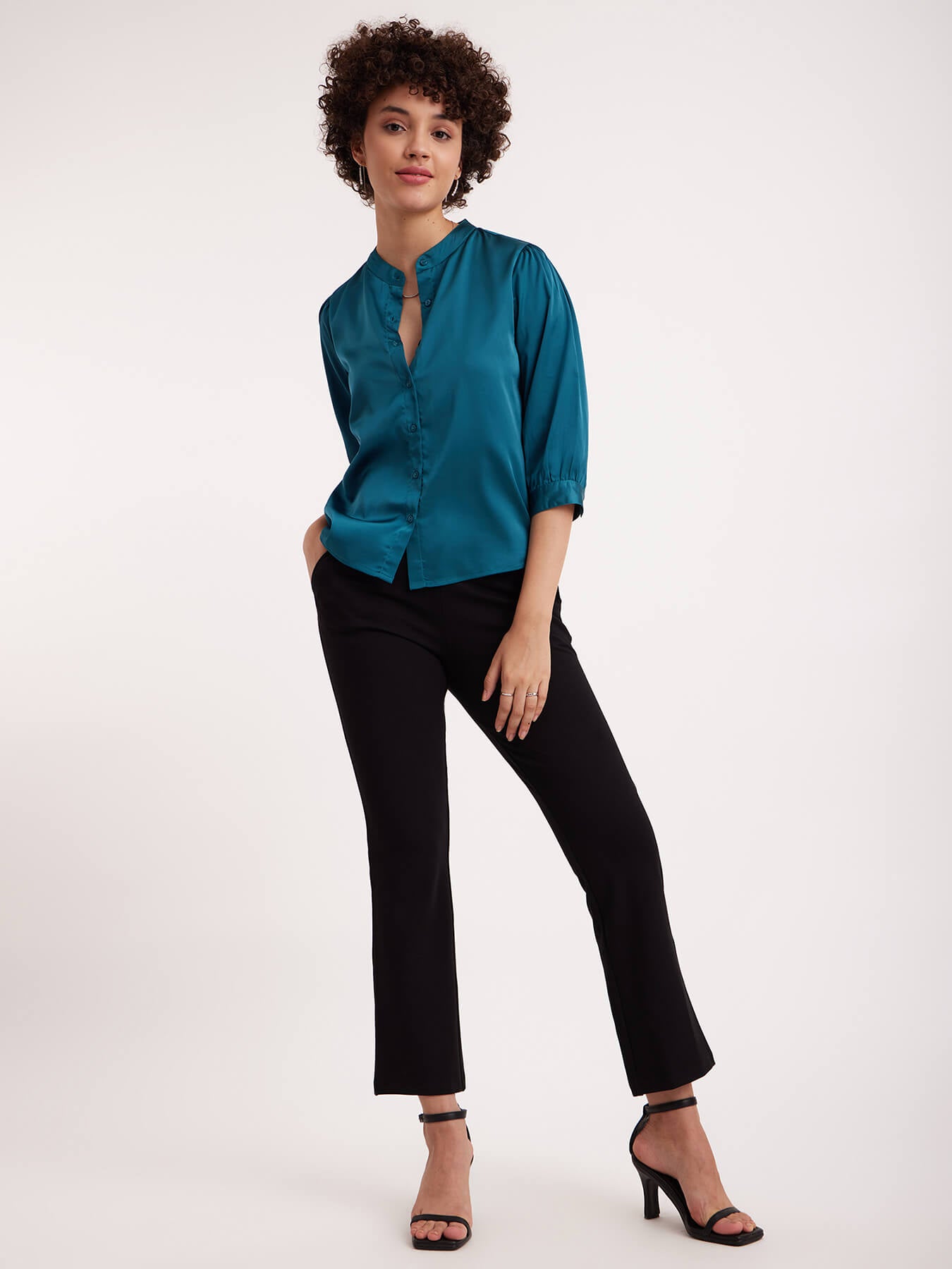 Satin Mandarin Collar Shirt - Emerald Green