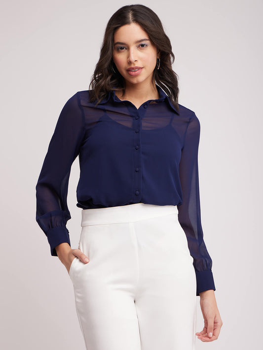 Solid Semi-Sheer Shirt - Navy Blue