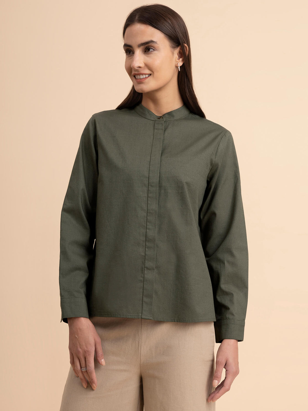 Linen Concealed Placket Shirt - Olive