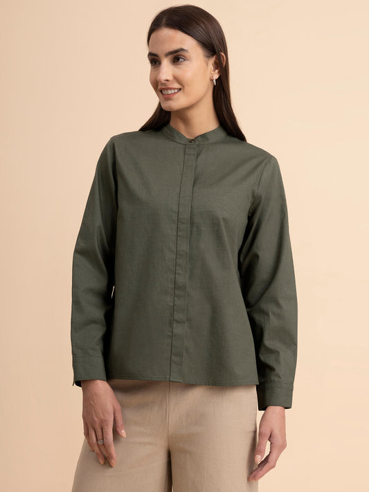 Linen Concealed Placket Shirt - Olive