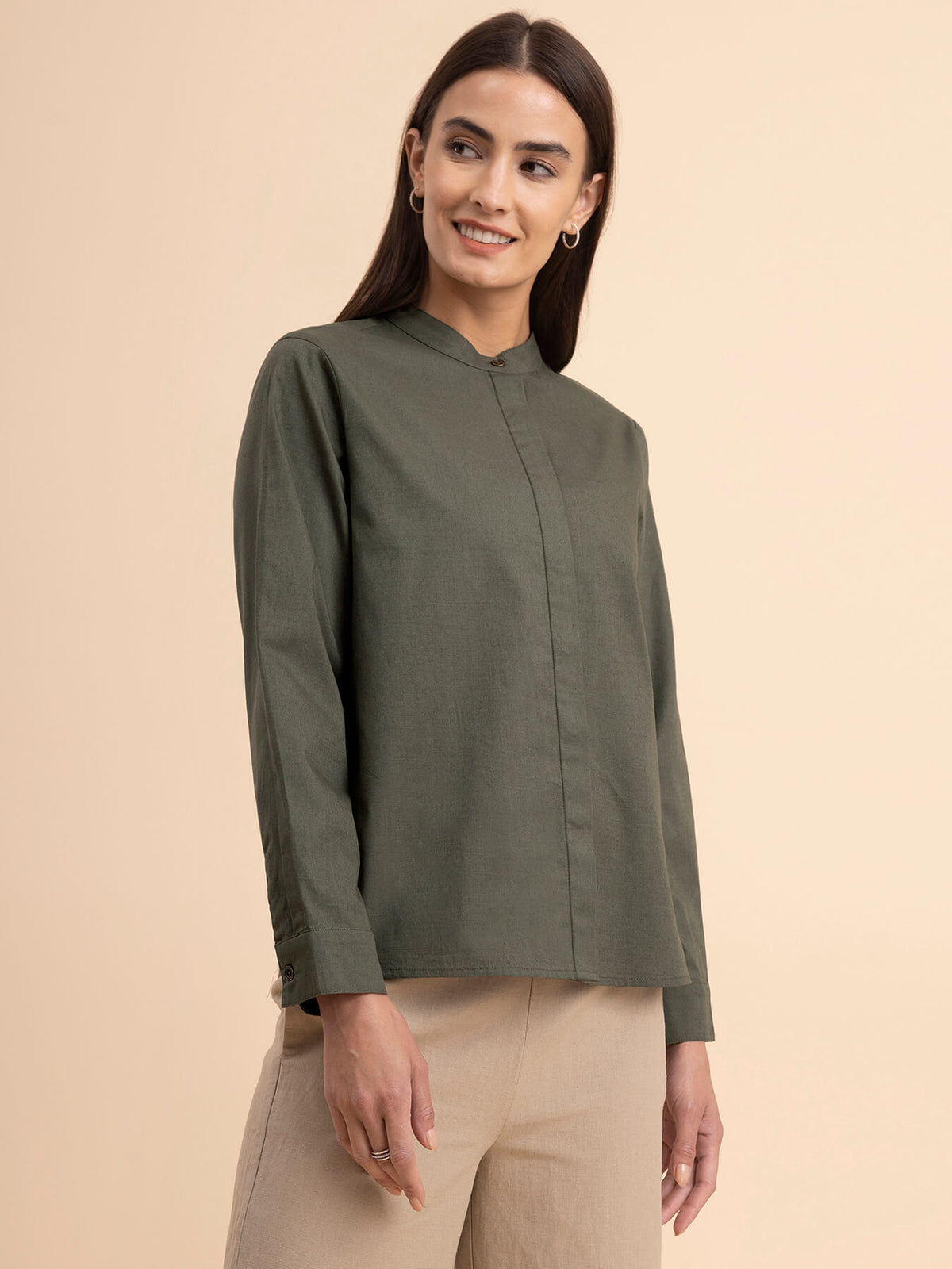 Linen Concealed Placket Shirt - Olive