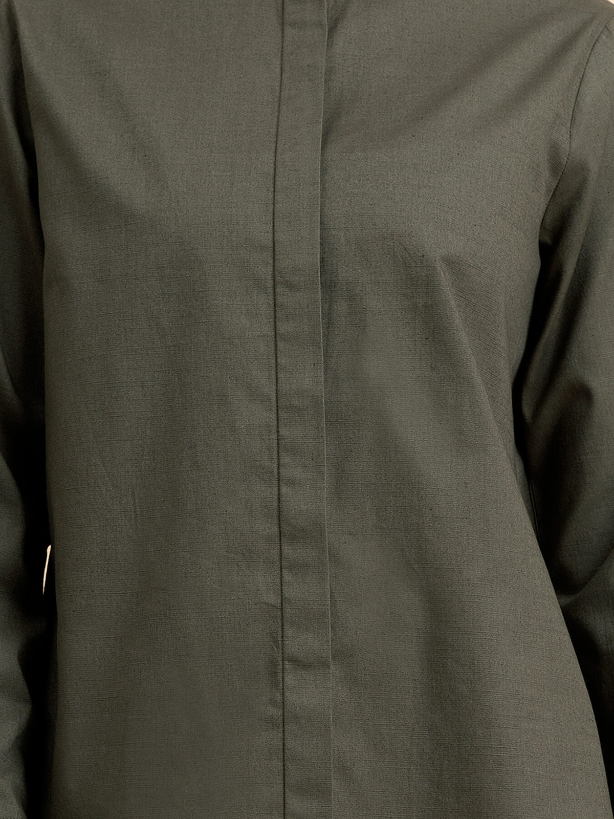 Linen Concealed Placket Shirt - Olive