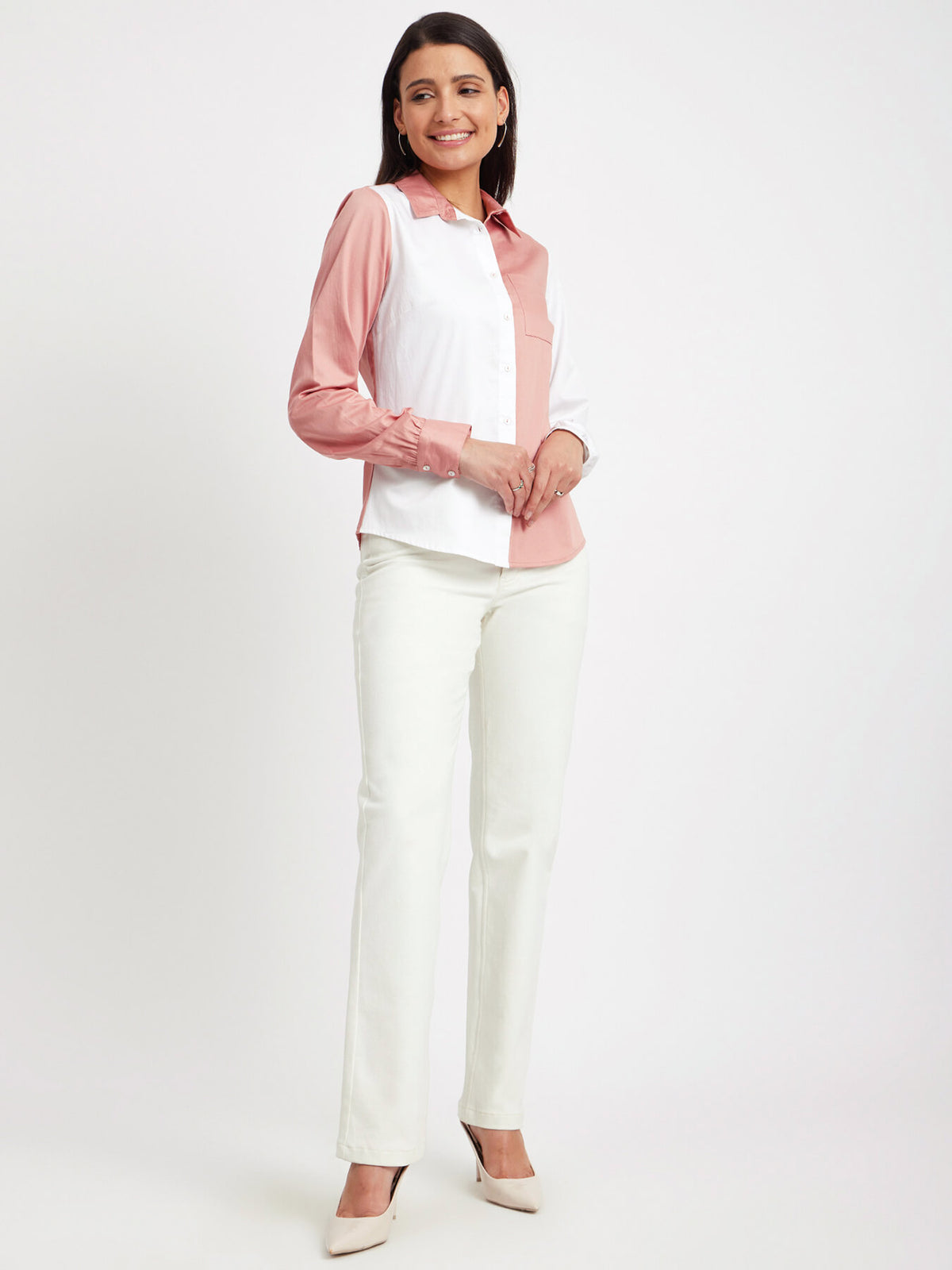 Cotton Satin Colour Block Shirt - Dusty Pink And White