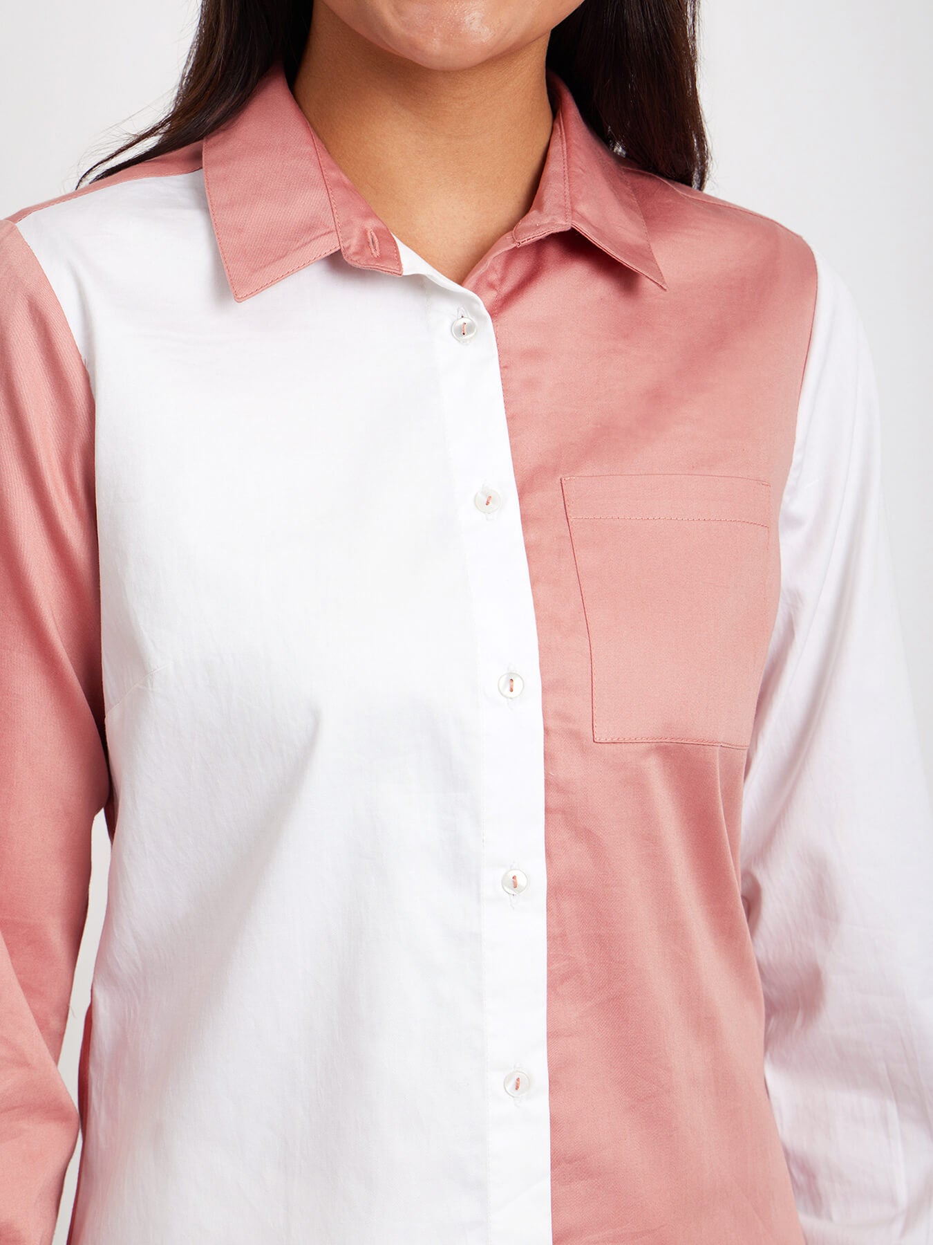 Cotton Satin Colour Block Shirt - Dusty Pink And White