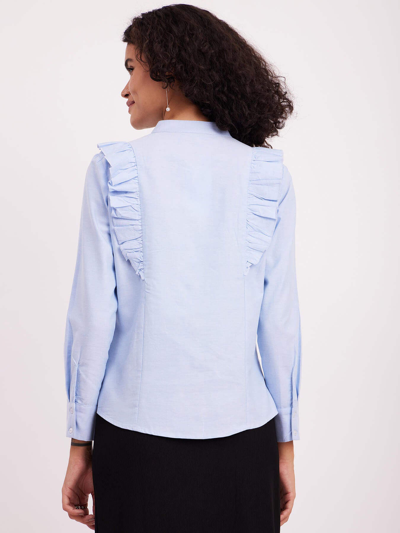 Cotton Ruffle Detail Shirt - Light Blue