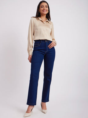 Satin Collared Relaxed Fit Shirt - Beige