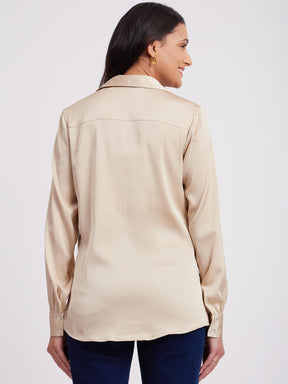 Satin Collared Relaxed Fit Shirt - Beige