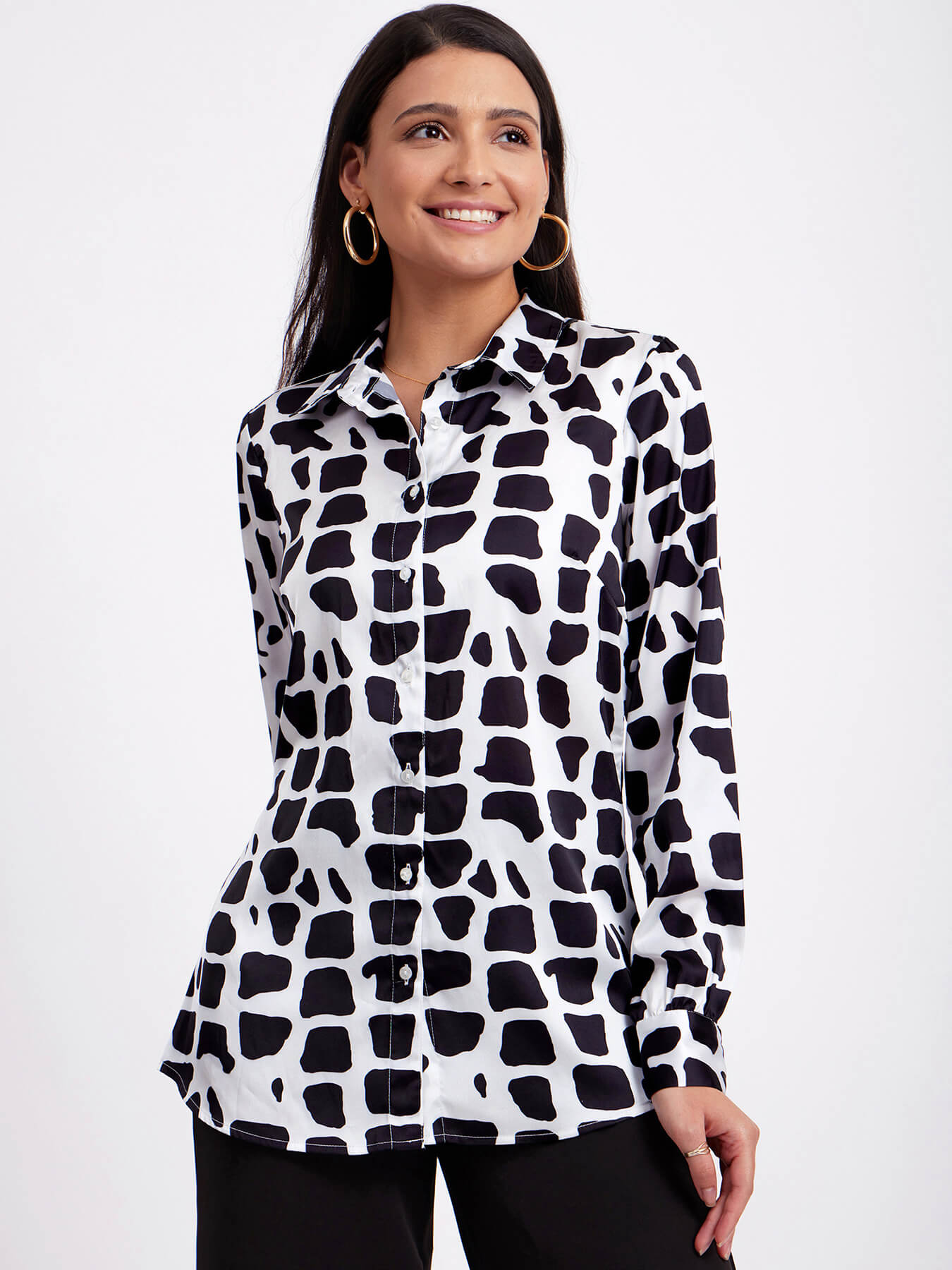 Satin Abstract Print Shirt - White And Black