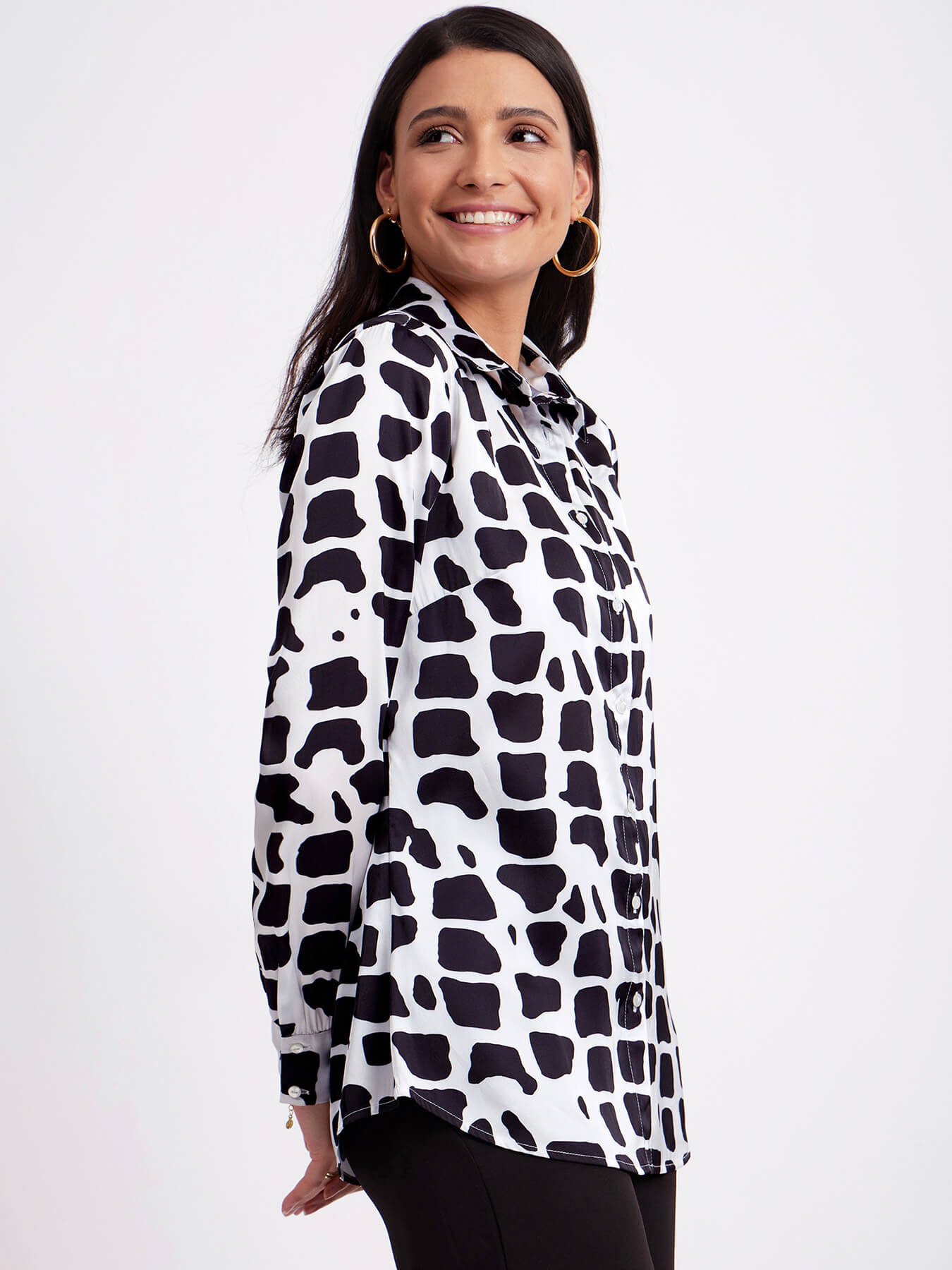 Satin Abstract Print Shirt - White And Black