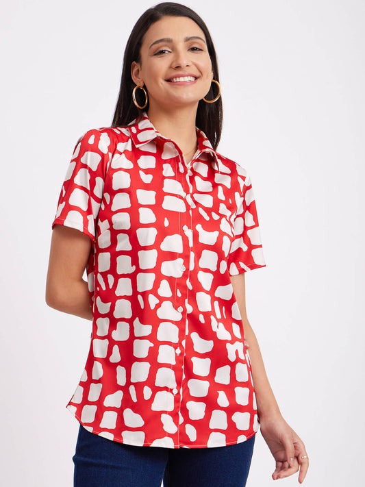 Satin Collared Relaxed Fit Shirt - Red And Beige