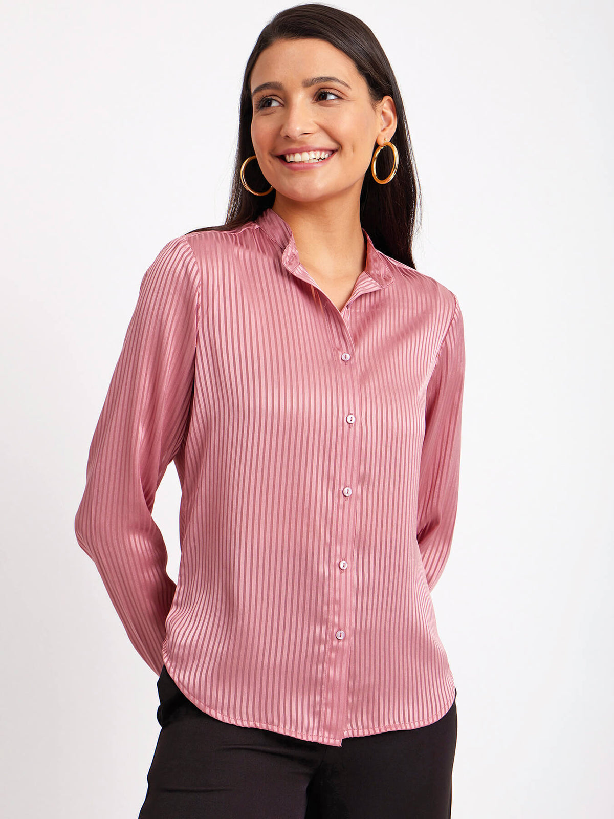 Satin Mandarin Collar Shirt - Dusty Pink