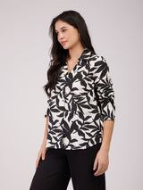 Linen Floral Shirt - Black And Ecru