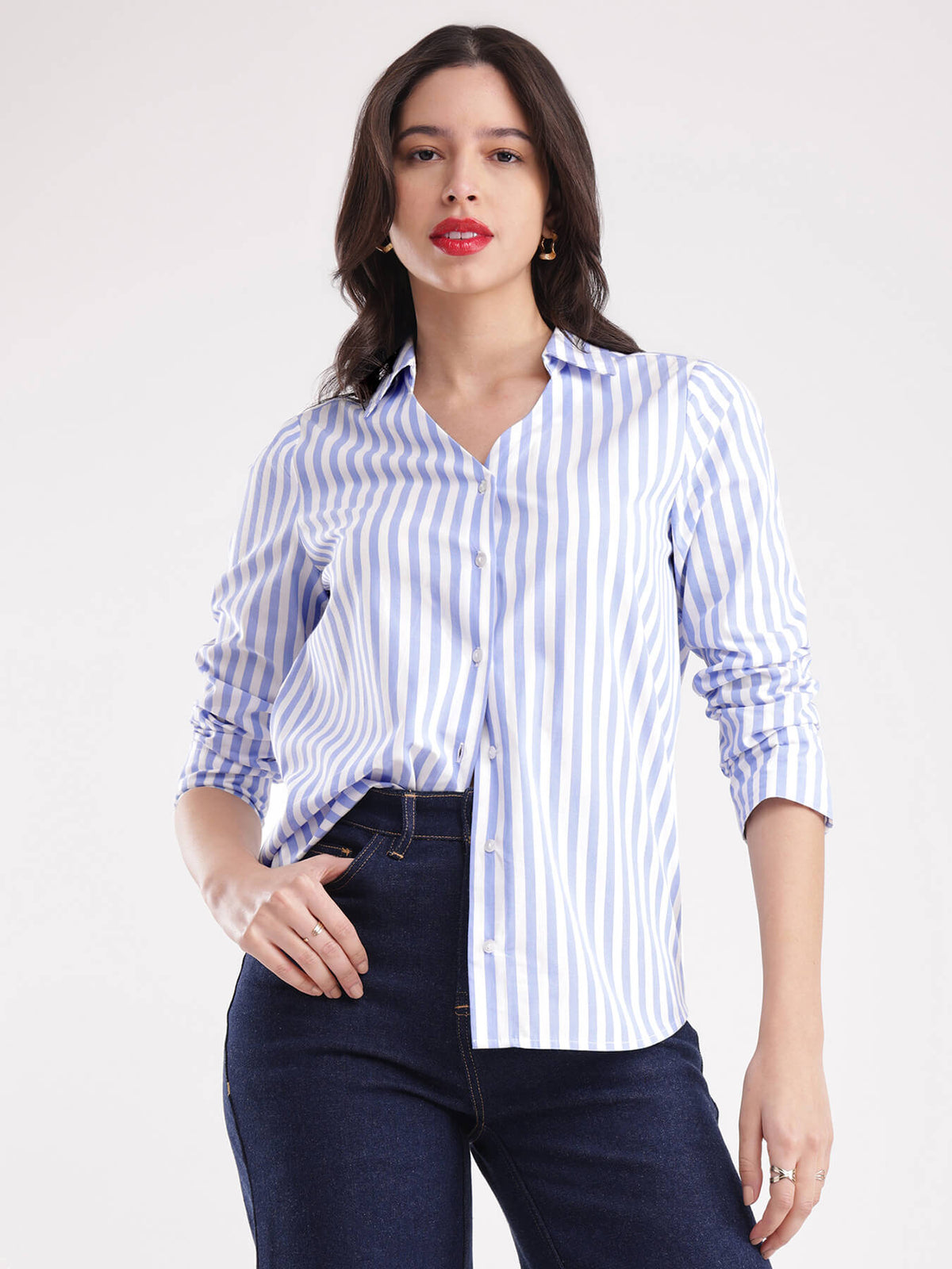 Cotton Vertical Stripes Shirt - Blue And White