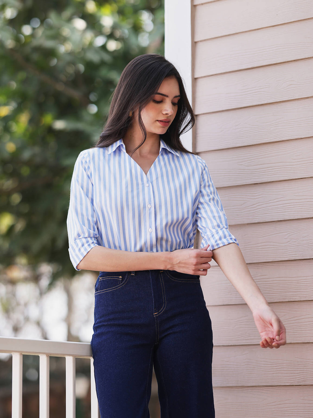 Cotton Vertical Stripes Shirt - Blue And White