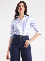 Cotton Vertical Stripes Shirt - Blue And White