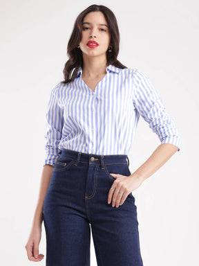 Cotton Vertical Stripes Shirt - Blue And White