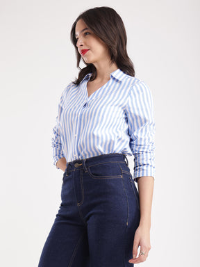 Cotton Vertical Stripes Shirt - Blue And White