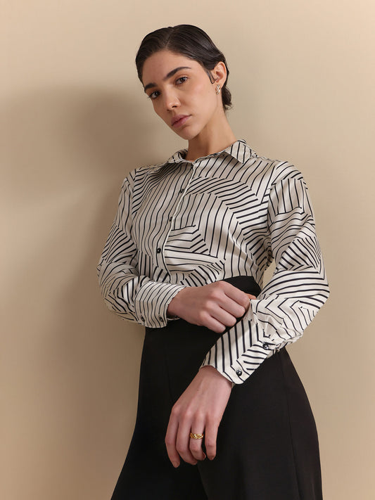 Satin Abstract Print Shirt - White