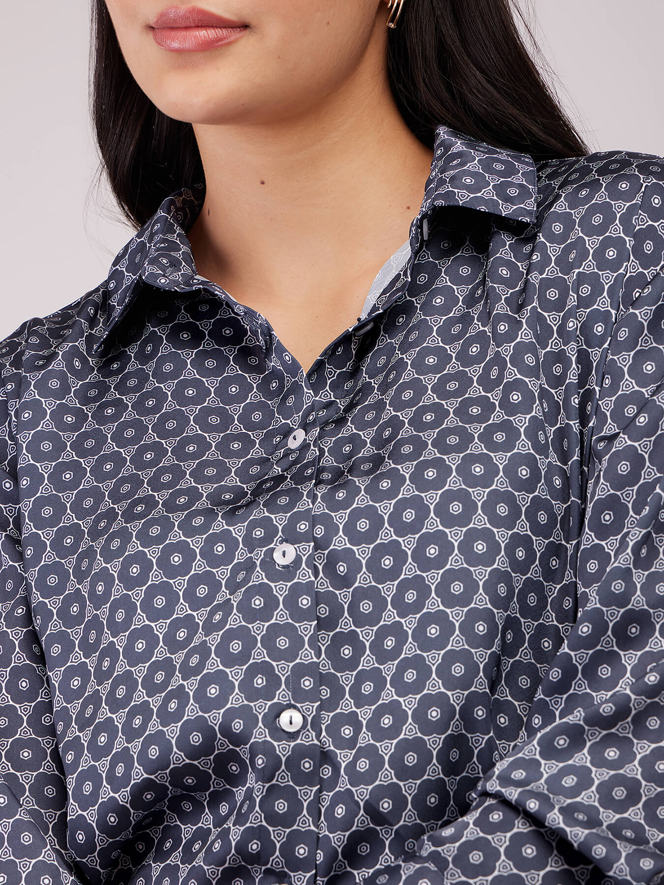 Satin Geometric Print Shirt - Navy