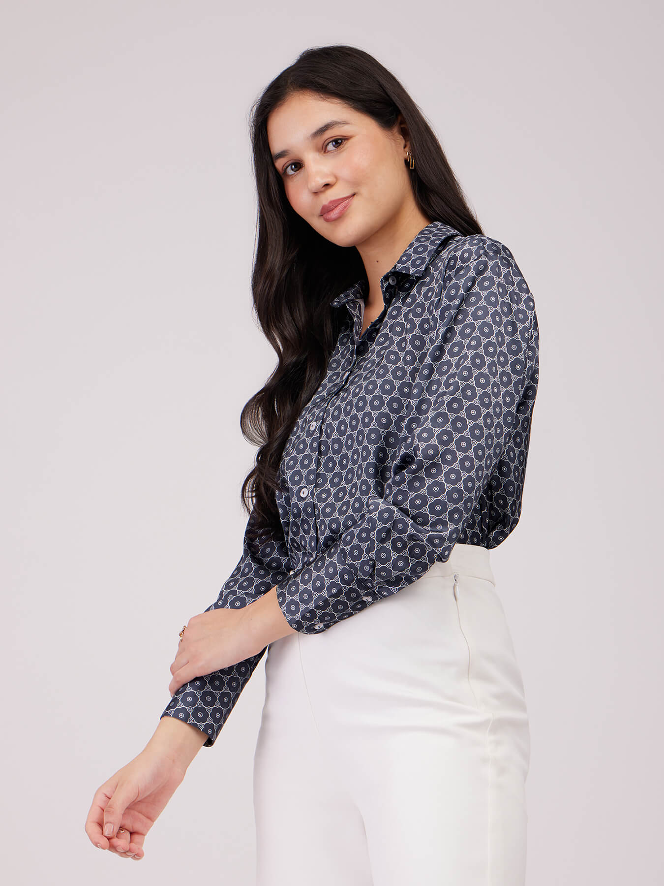 Satin Geometric Print Shirt - Navy