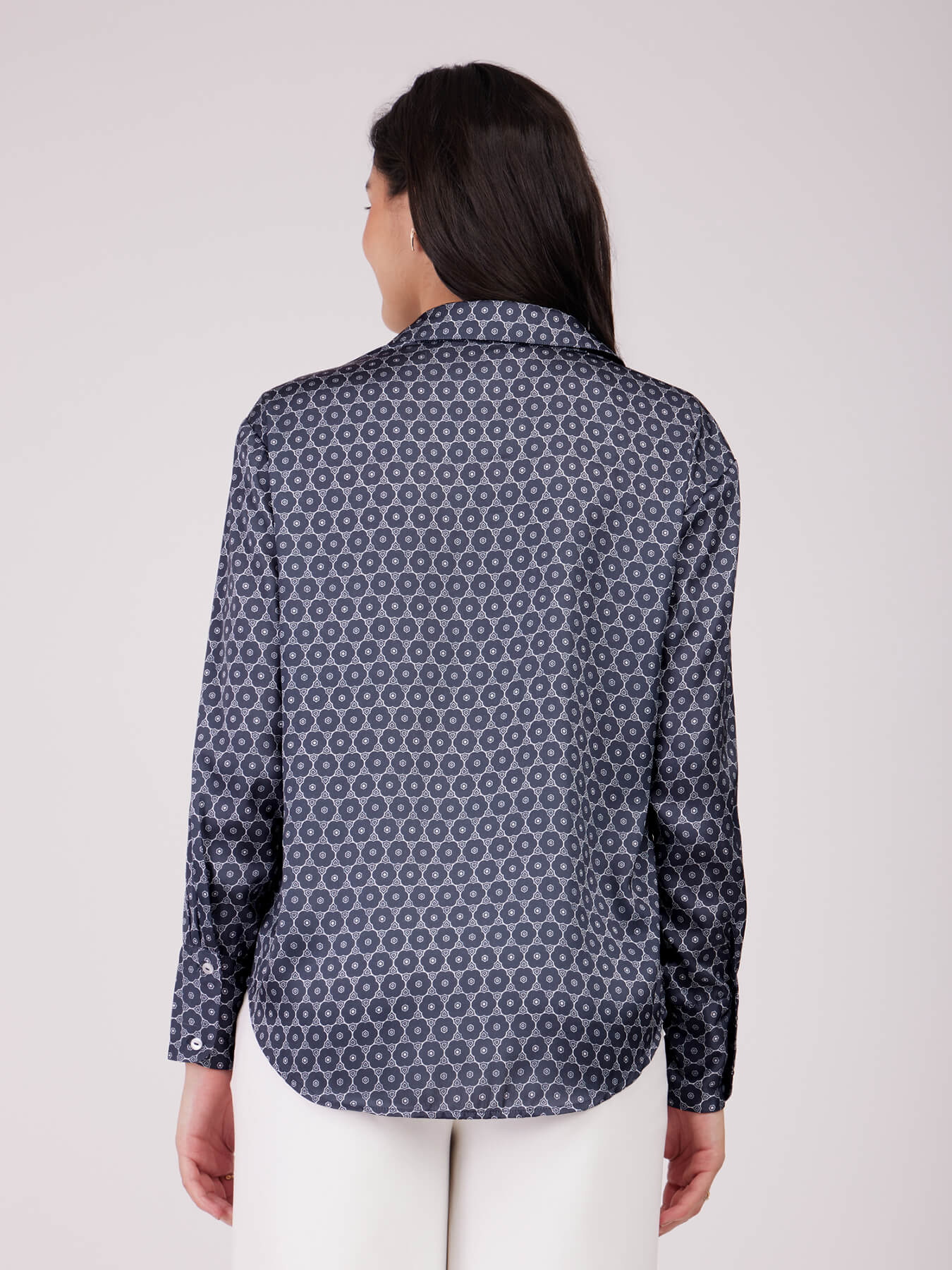 Satin Geometric Print Shirt - Navy