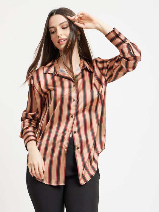 Satin Stripes Shirt - Brown And Beige