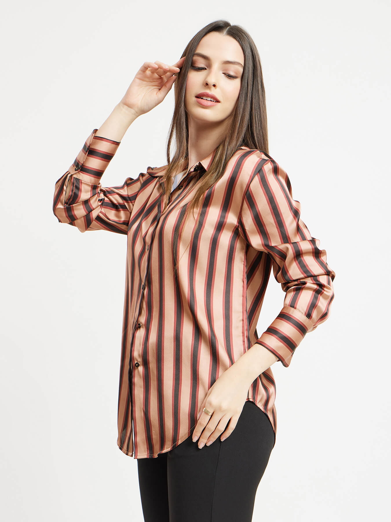 Satin Stripes Shirt - Brown And Beige