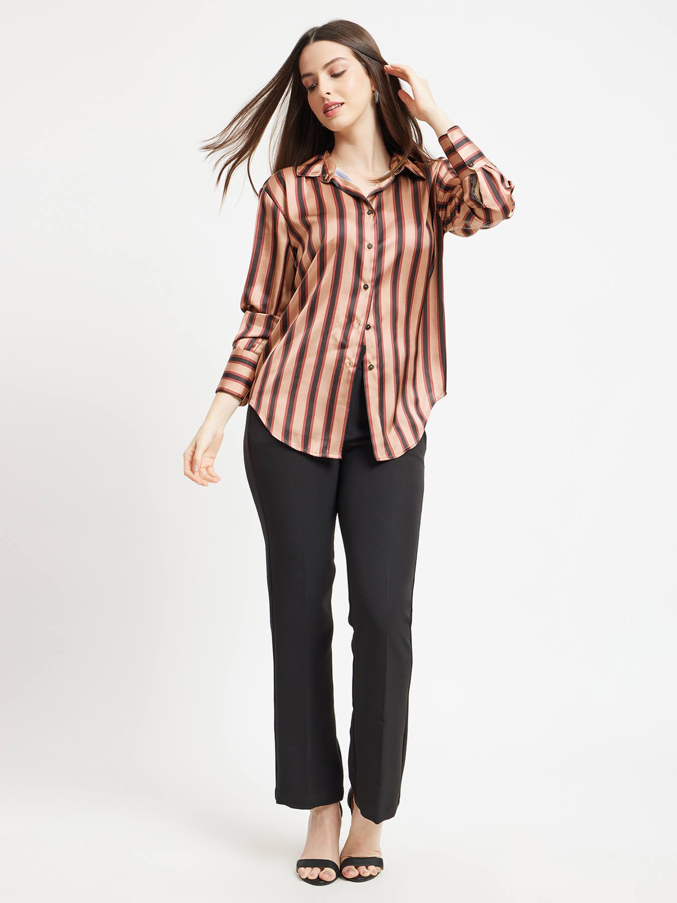 Satin Stripes Shirt - Brown And Beige
