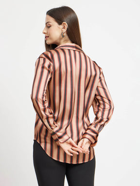 Satin Stripes Shirt - Brown And Beige