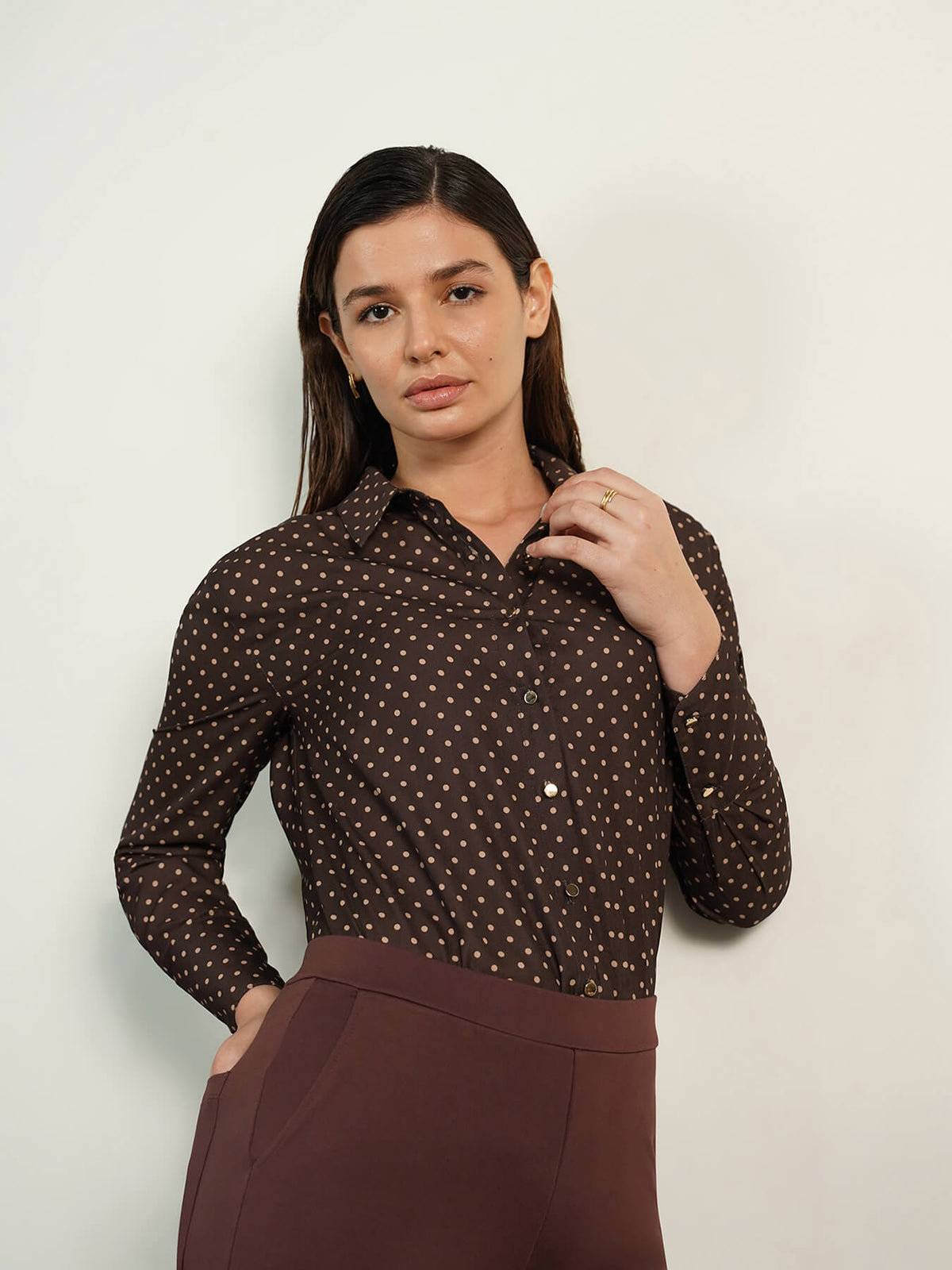 Anti-gape Polka Shirt- Brown