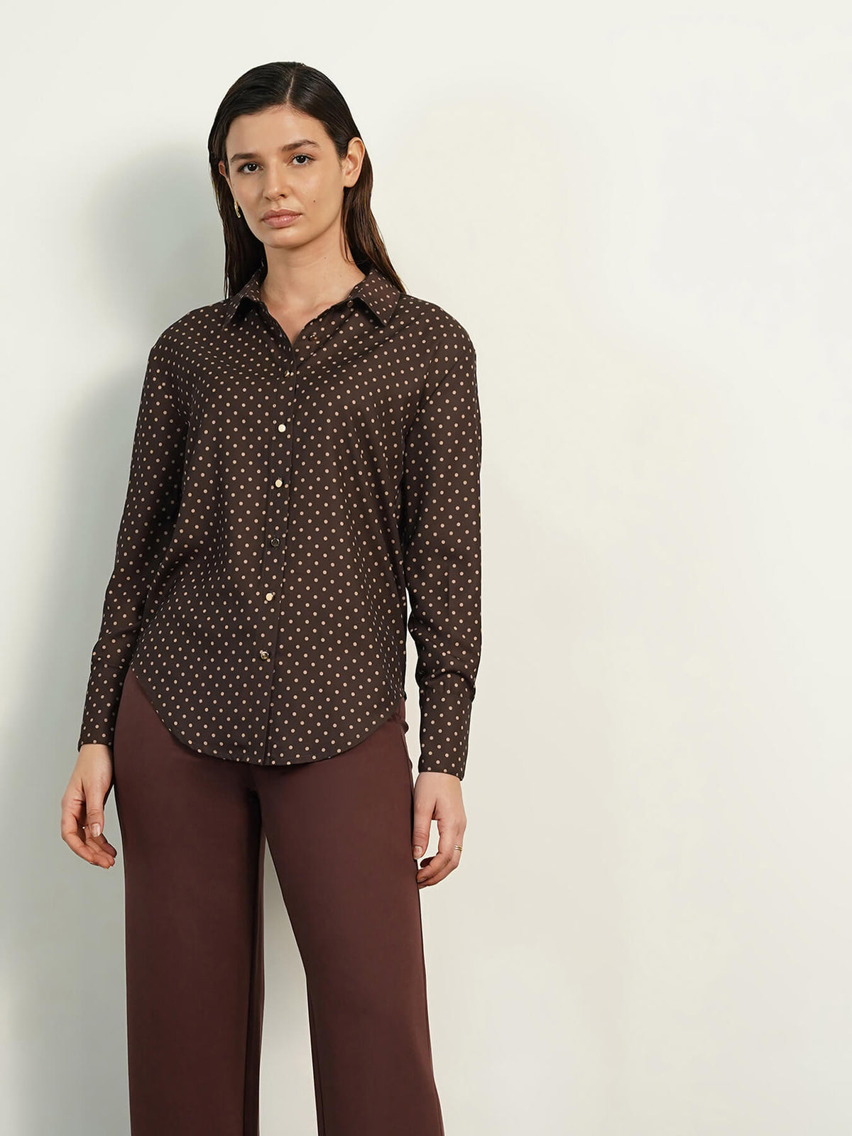Anti-gape Polka Shirt- Brown
