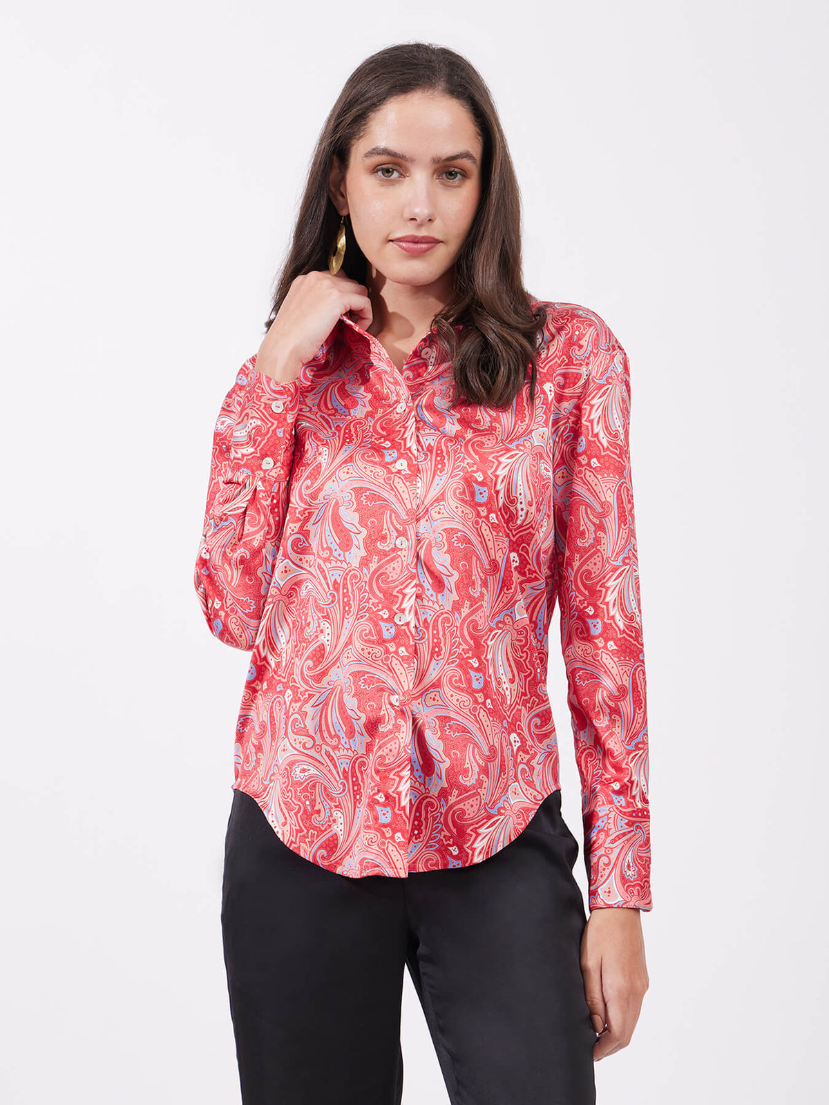 Satin Paisley Print Shirt - Red