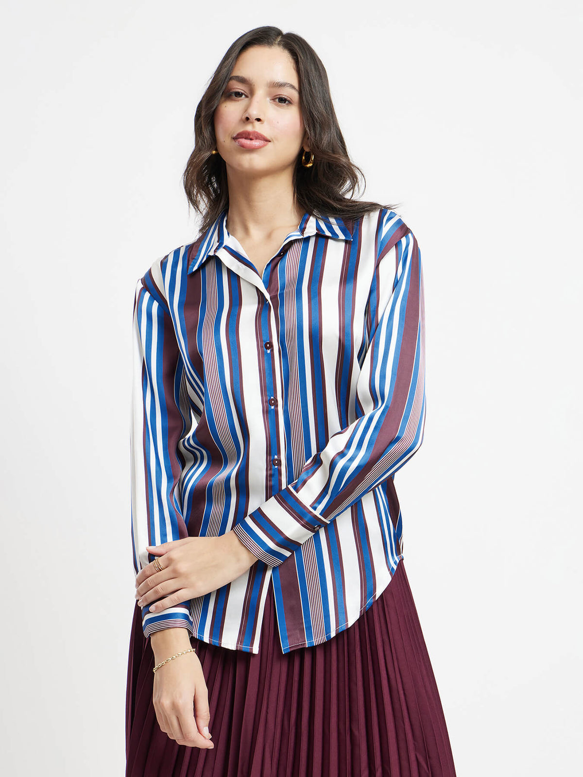 Satin Stripes Shirt - Navy And Maroon