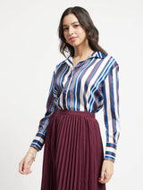 Satin Stripes Shirt - Navy And Maroon