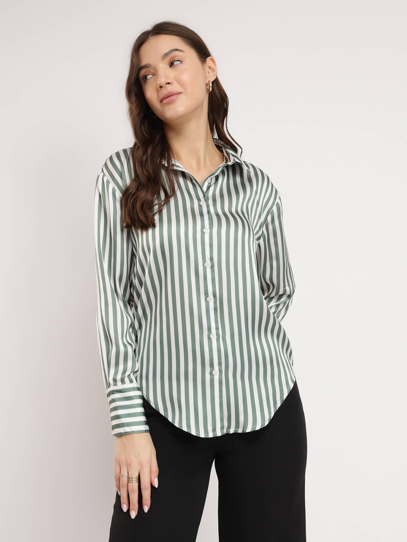 Satin Striped Shirt - Olive