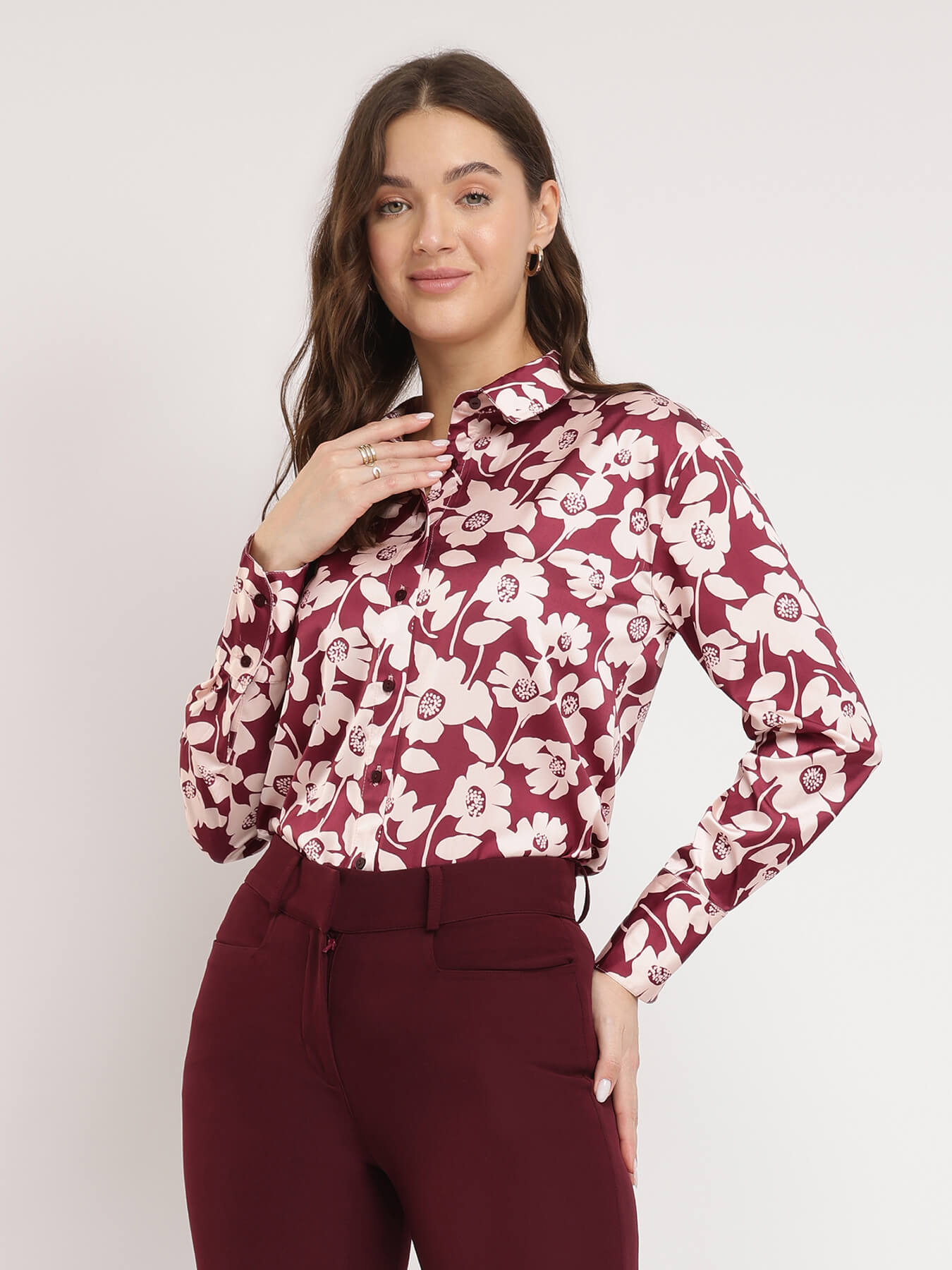 Satin Floral Shirt - Burgundy