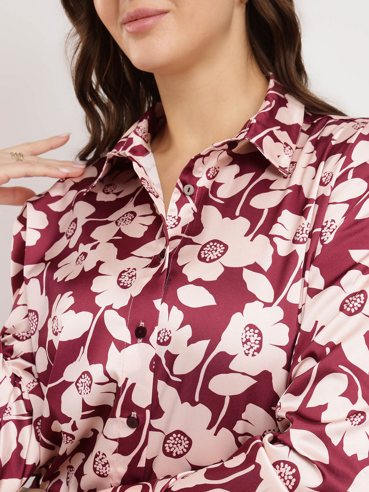 Satin Floral Shirt - Burgundy