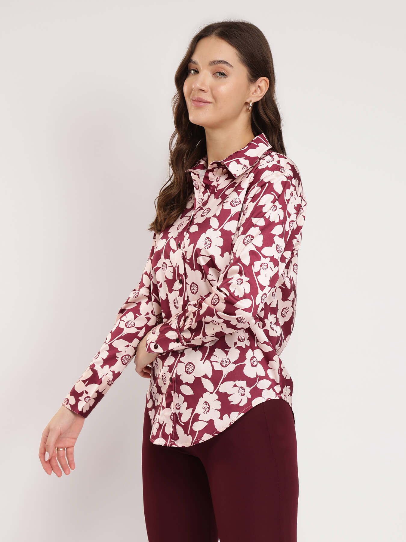 Satin Floral Shirt - Burgundy